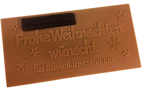Personalised chocolate with name: embossed bar with Christmas greeting, logo and dark-chocolate name plate