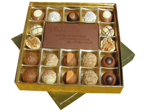 Pralinenbox Premium: 19 Pralinen und geprägte Logo-Tafel in der bedruckten Schachtel (Referenzmotiv)