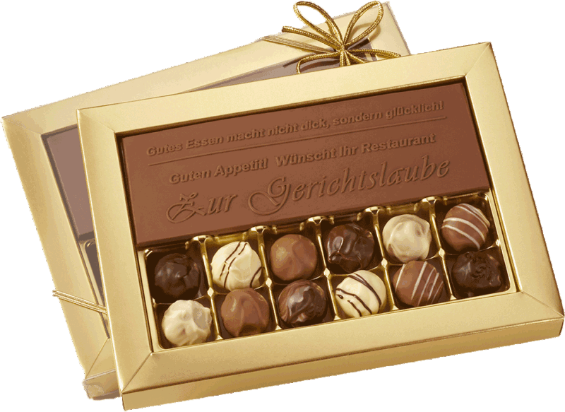 Genießer-Pralinenbox: 12 Pralinen und geprägte Logo-Tafel in der Goldschachtel