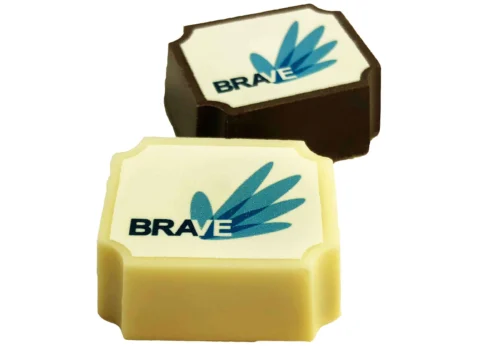 Schoko-Logo-Pralinen: rechteckige Praline 38 × 25 mm mit gedrucktem Logo
