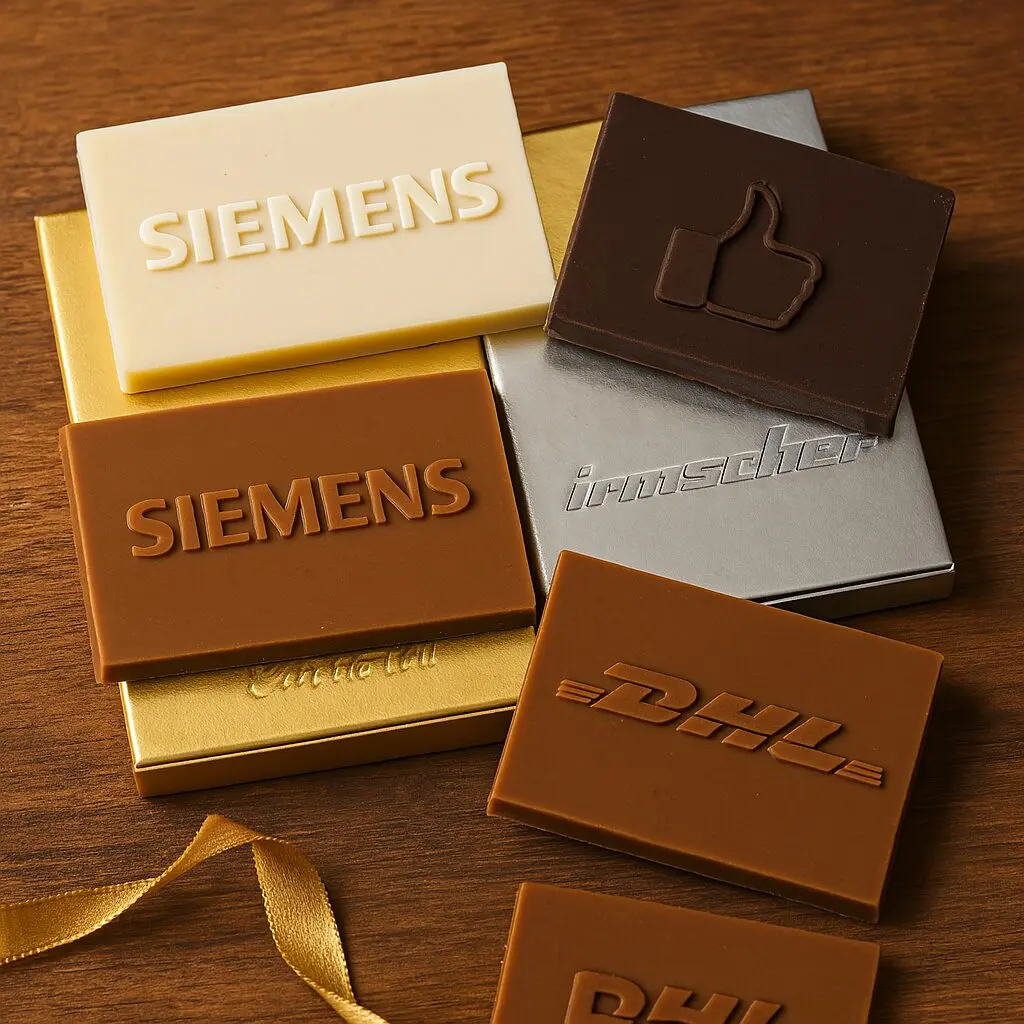 Messe-Giveaway: geprägte Mini-Tafeln mit Logo als Streuartikel für die Messe