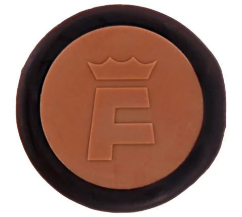 Design-Schokolade zweifarbig – runde Zartbitter-Tafel mit geprägter Vollmilch-Innentafel und Logo
