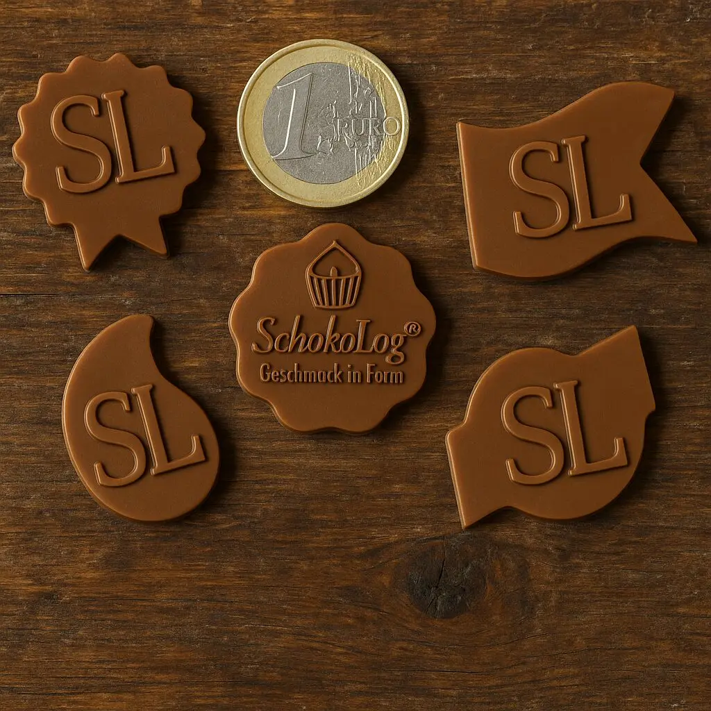 Geprägte Schoko-Aufleger mit Logo in Sonderformen – Relief in Zartbitter und weißer Schokolade