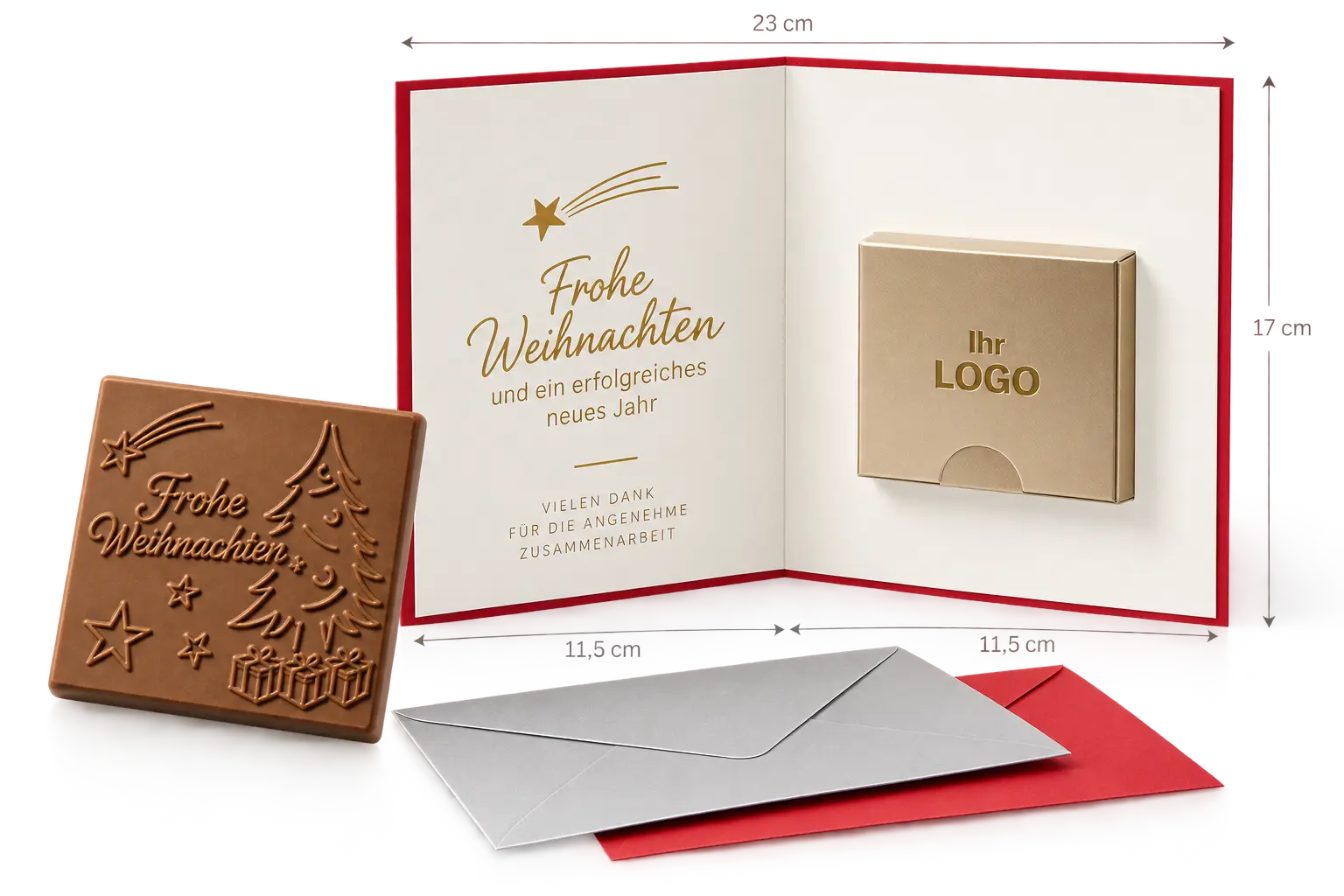 Schoko-Card Individuell: Weihnachtskarte 23 × 17 cm mit goldener Schachtel „Ihr Logo“, silbernem und rotem Kuvert und dem geprägten Schokologo „Frohe Weihnachten“
